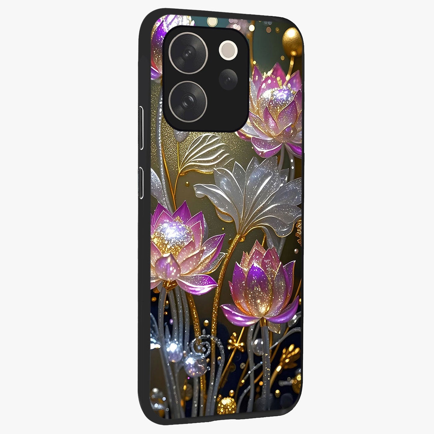 Golden Floral Majesty Glass Case upright view showcasing majestic floral artwork with rich decorative theme.