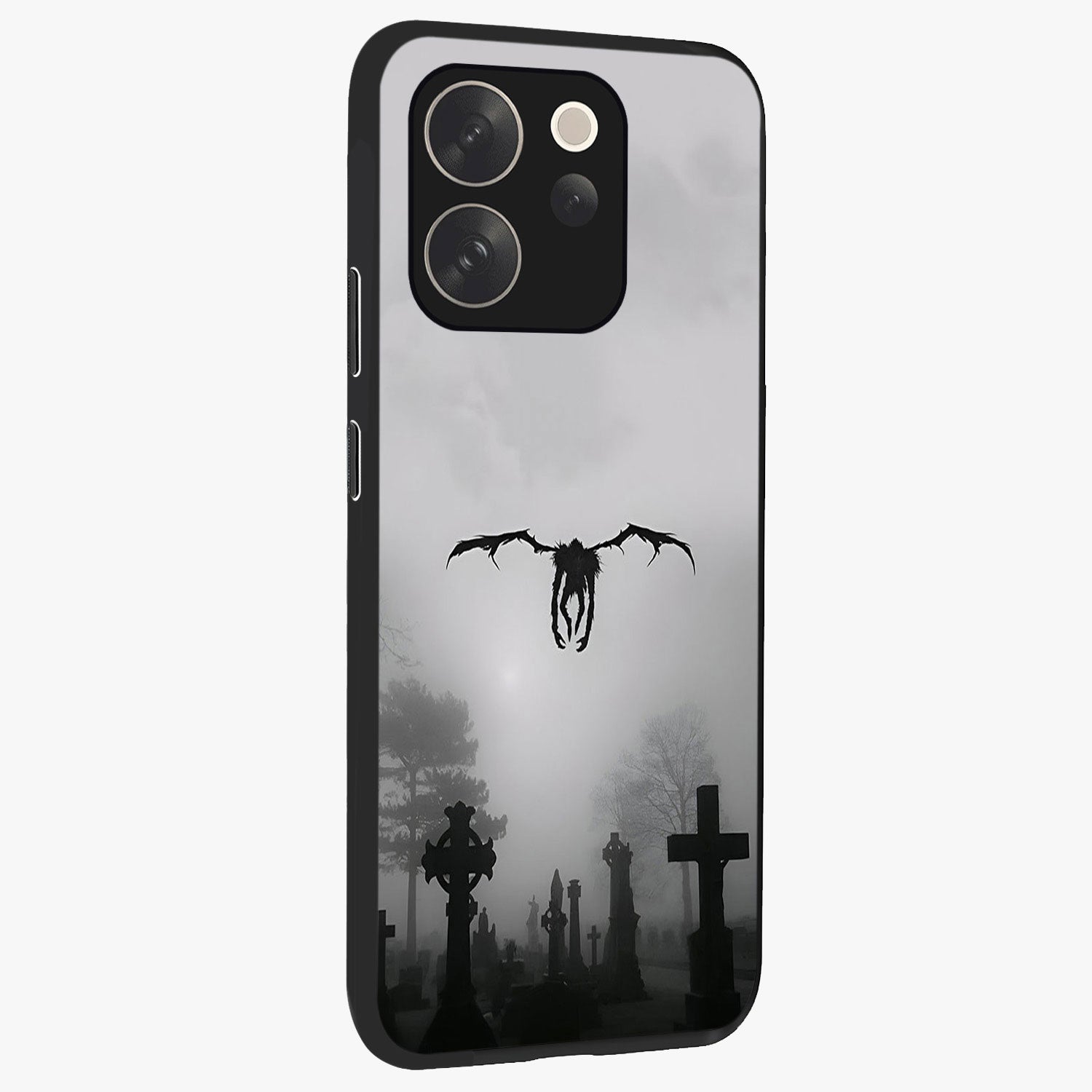 Graveyard Shadow Descent Glass Case upright view showcasing haunting graveyard artwork with dramatic dark theme.