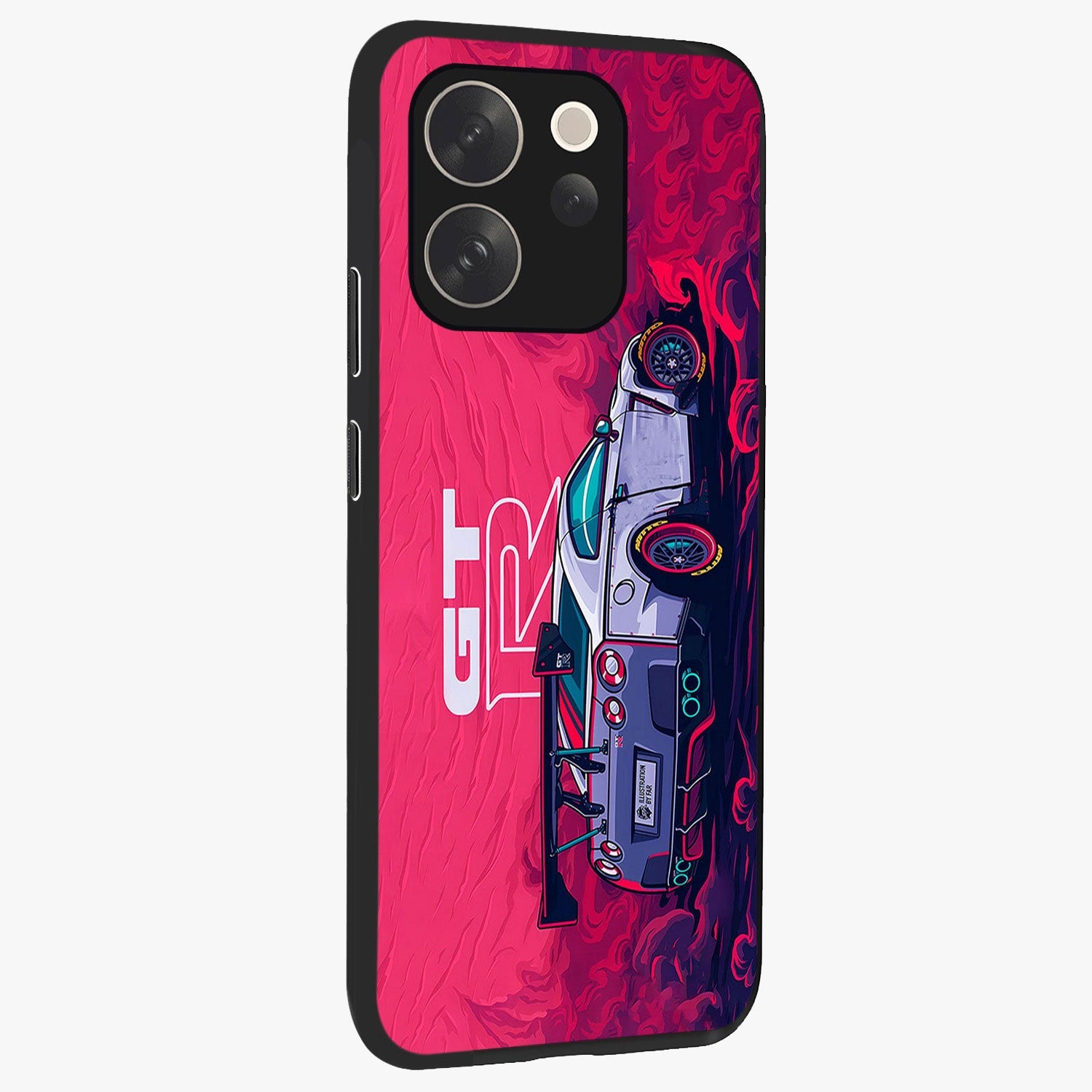 GT-R Car Pattern Glass Case upright view showcasing dynamic car pattern artwork with modern sports theme.