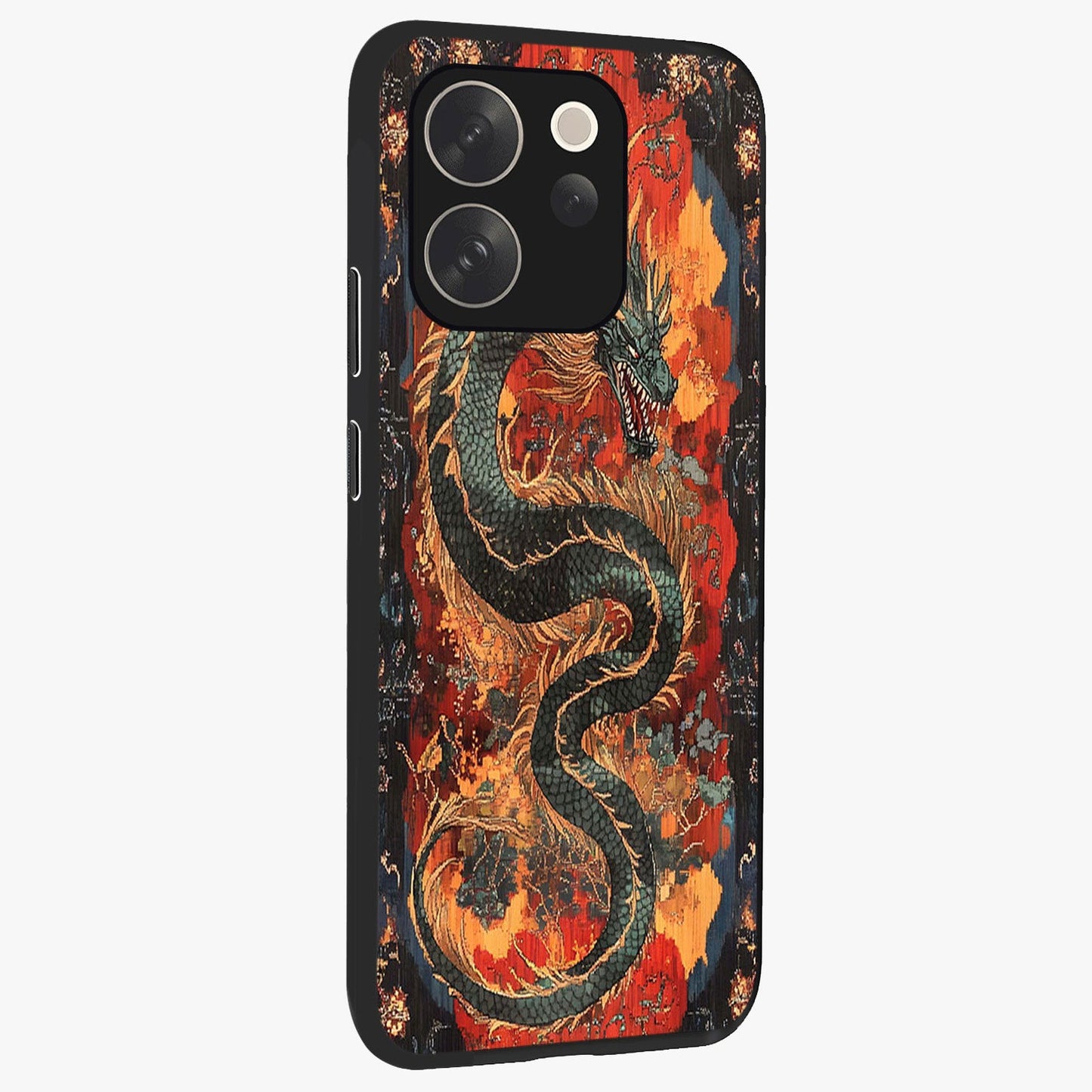 Inferno Dragon Soul Glass Case upright view showcasing intense dragon artwork with fantasy fire theme.
