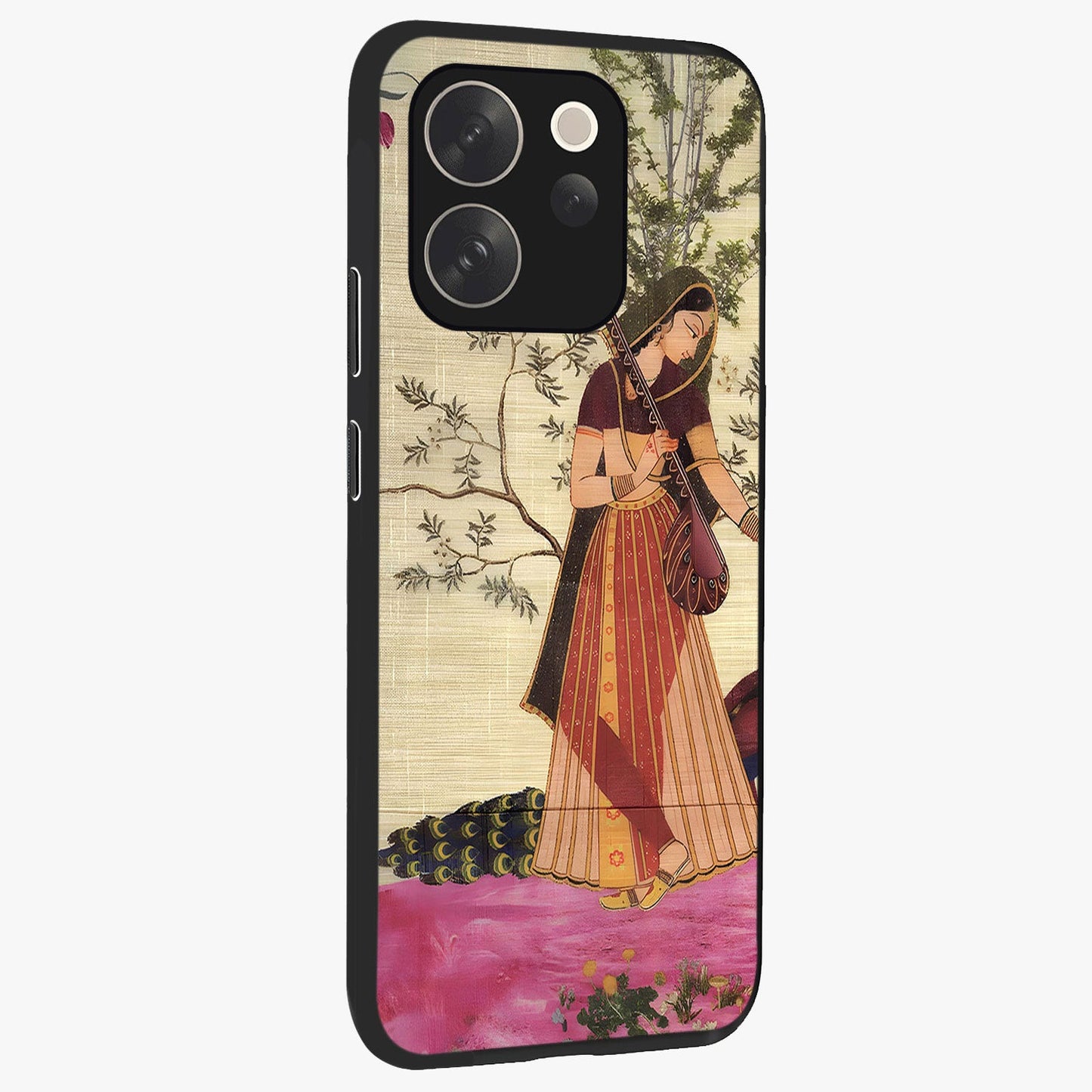 Lady With Veena Art Glass Case upright view showcasing classical veena artwork with traditional artistic theme.