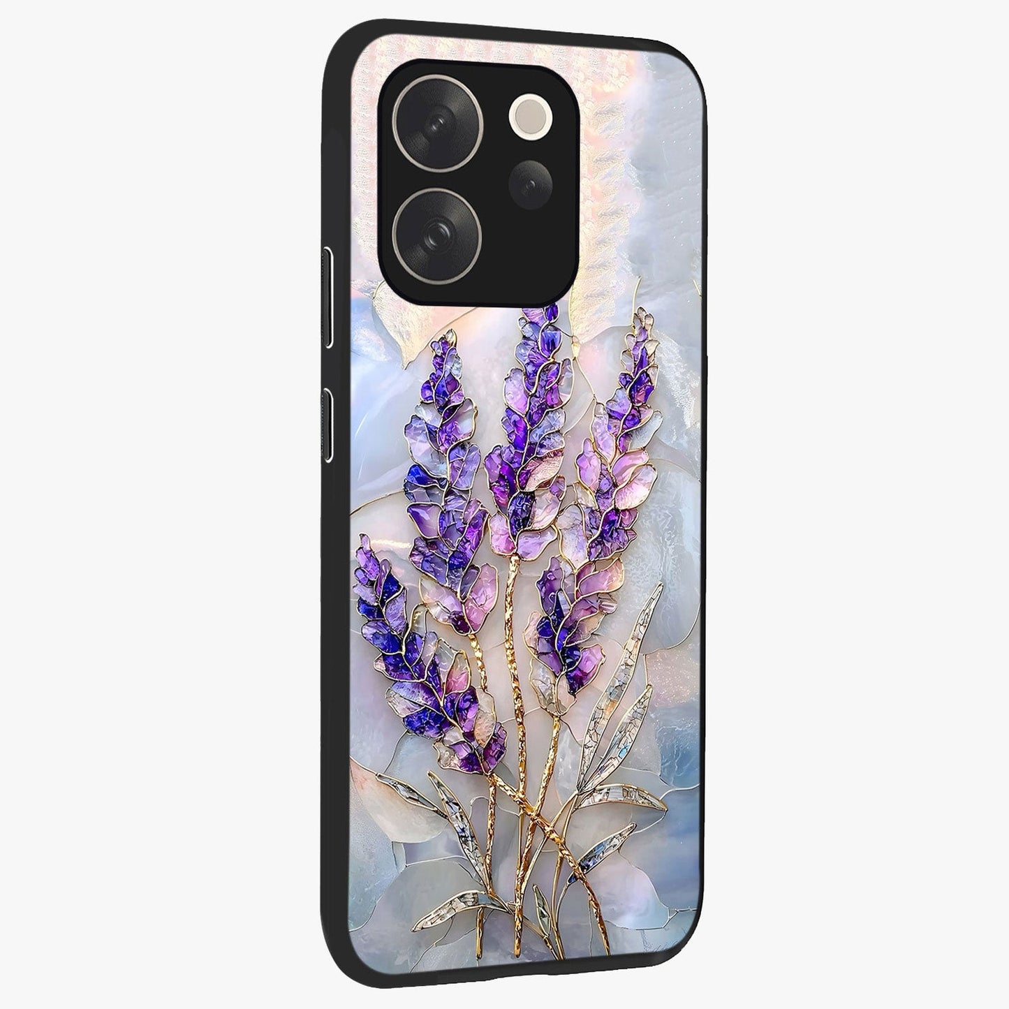 Lavender Dream Glow Glass Case upright view showcasing radiant lavender glow artwork with calming dreamy theme.