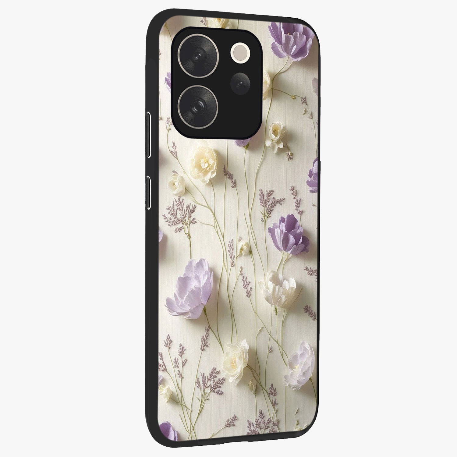 Lilac Breeze Harmony Glass Case upright view showcasing delicate lilac artwork with peaceful floral theme.