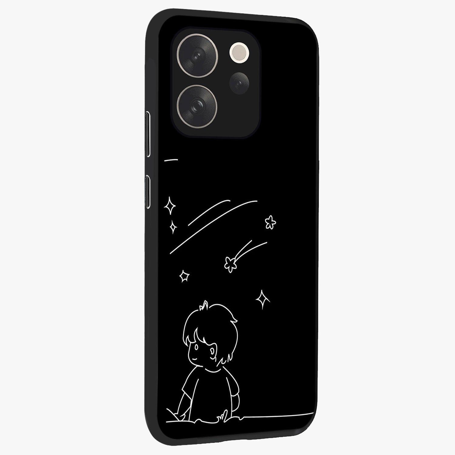 Line Art Boy With Shooting Stars Glass Case upright view showcasing artistic shooting star illustration with minimal style.