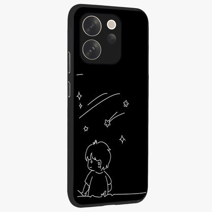 Line Art Boy With Shooting Stars Glass Case upright view showcasing artistic shooting star illustration with minimal style.