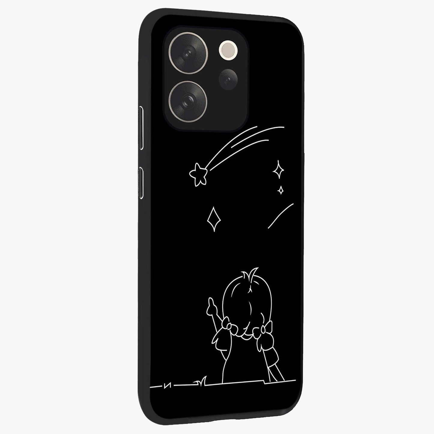 Line Art Girl With Shooting Stars Glass Case upright view showcasing delicate shooting stars artwork with minimal artistic theme.