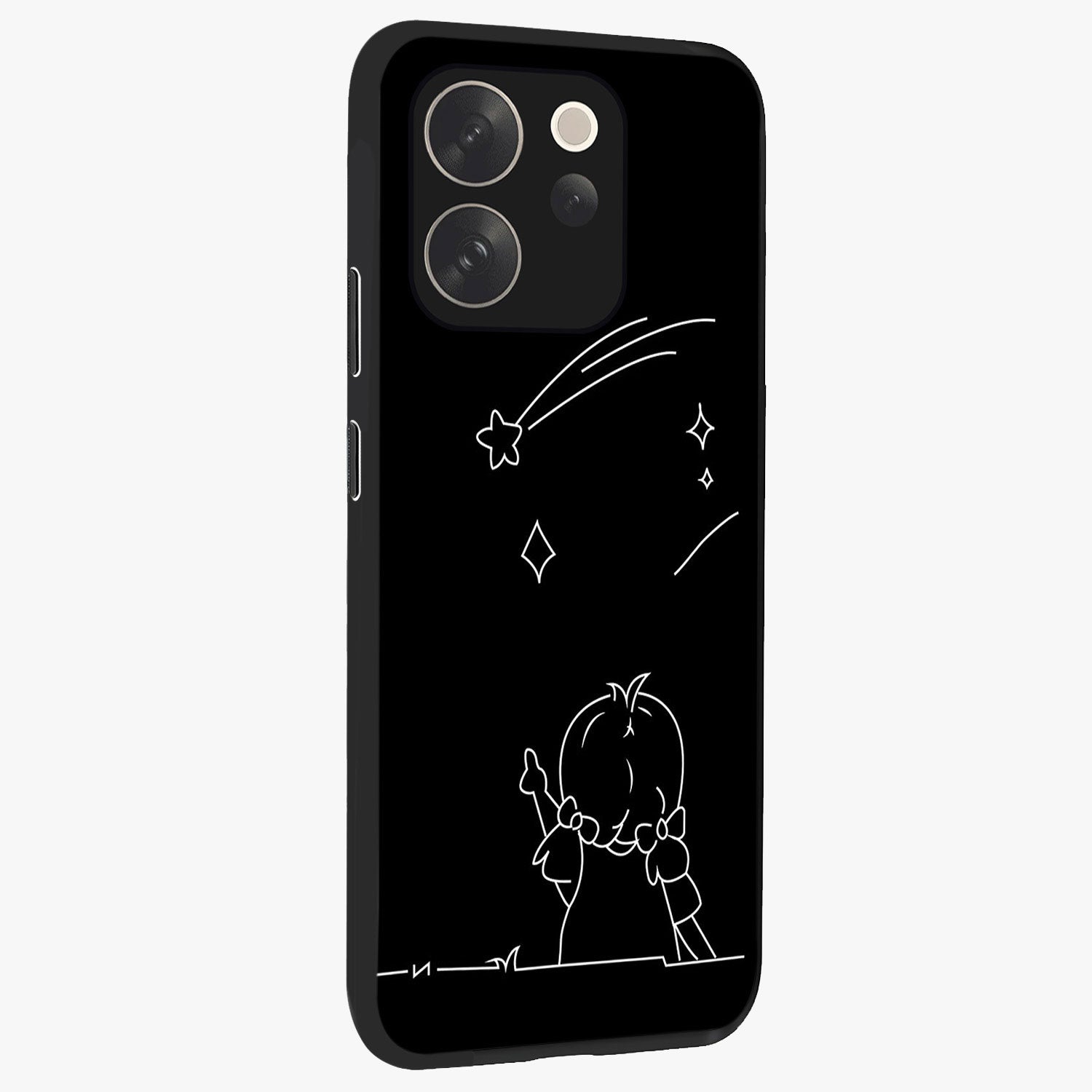 Line Art Girl With Shooting Stars Glass Case upright view showcasing delicate shooting stars artwork with minimal artistic theme.