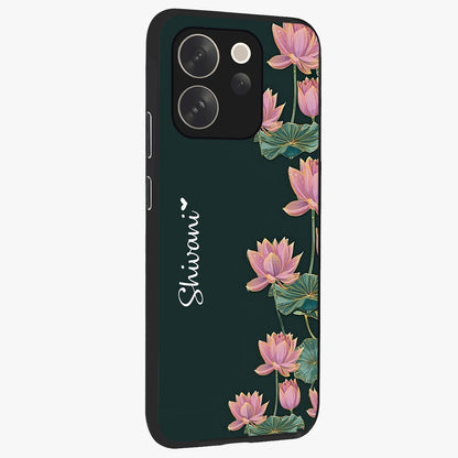 Lotus Bloom Serenity Custom Name Glass Case upright view showcasing serene lotus bloom artwork with personalized floral aesthetic.