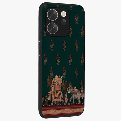 Macmerise Glass Case upright view showcasing bold artistic artwork with contemporary design theme.