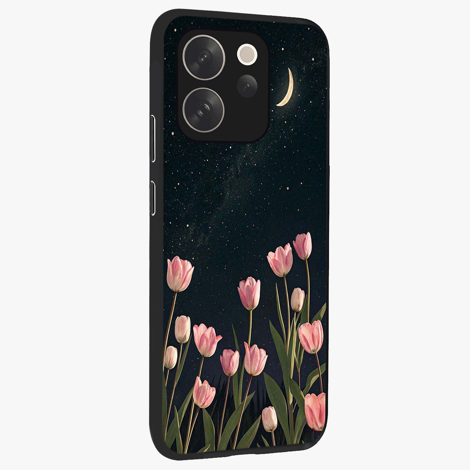 Midnight Tulip Whispers Vibe Glass Case upright view showcasing graceful tulip artwork with calm botanical theme.