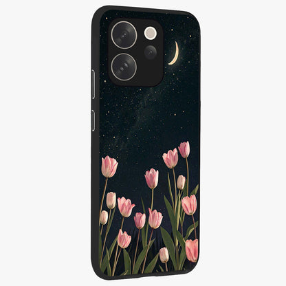 Midnight Tulip Whispers Vibe Glass Case upright view showcasing graceful tulip artwork with calm botanical theme.