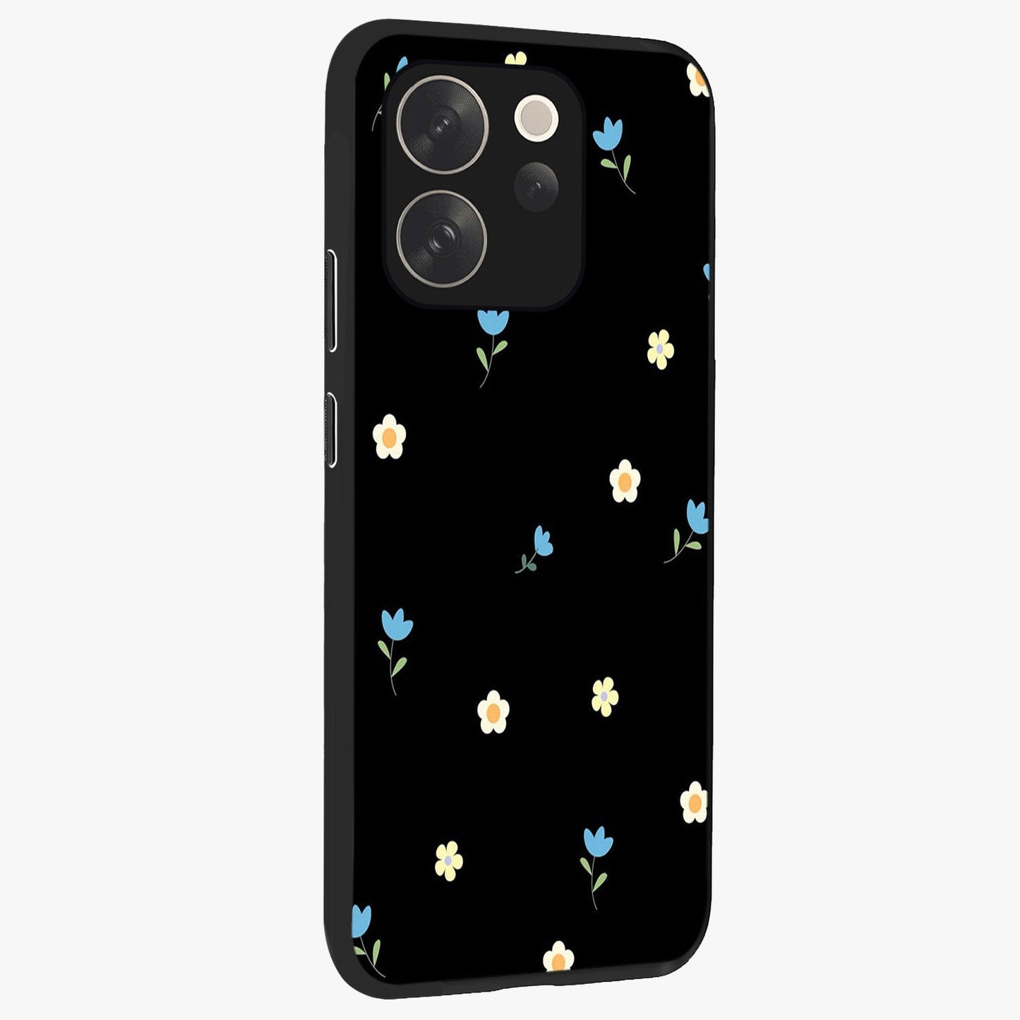 Minimal Petal Whispers Glass Case upright view showcasing elegant floral artwork with modern minimalist style.