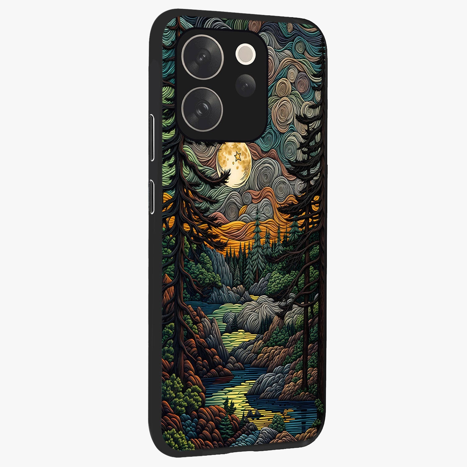 Moonlight Forest Dream Glass Case upright view showcasing magical forest artwork with calm night theme.