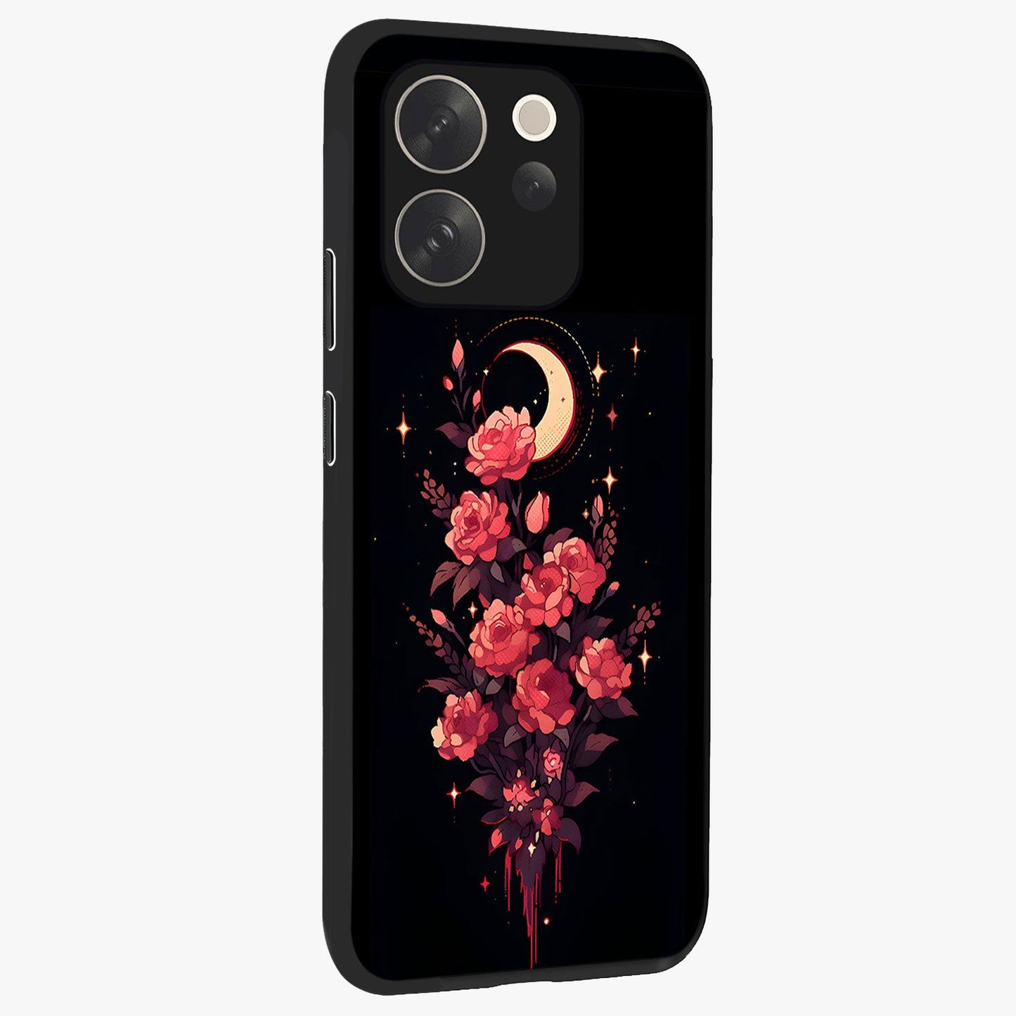 Moonlit Floral Elegance Glass Case upright view showcasing delicate floral artwork with refined night inspired theme.