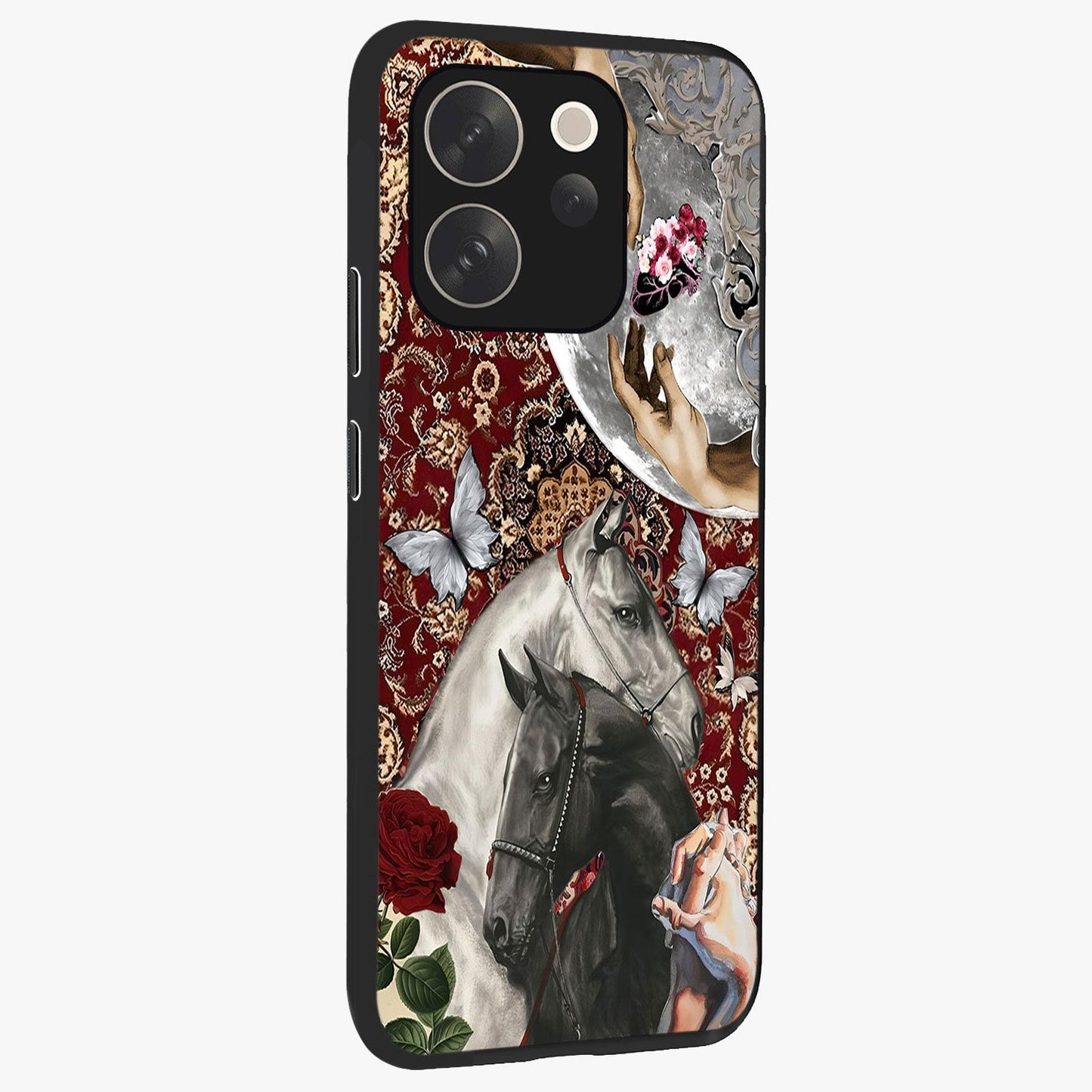 Moonlit Royal Stallion Glass Case upright view showcasing dramatic horse artwork with glowing moon themed design.
