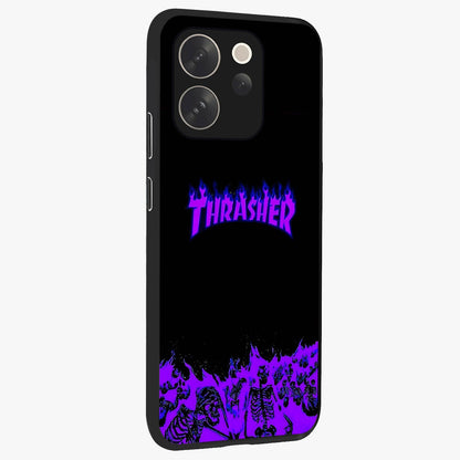 Neon Flame Riot Glass Case upright view showcasing dynamic flame artwork with energetic neon theme.