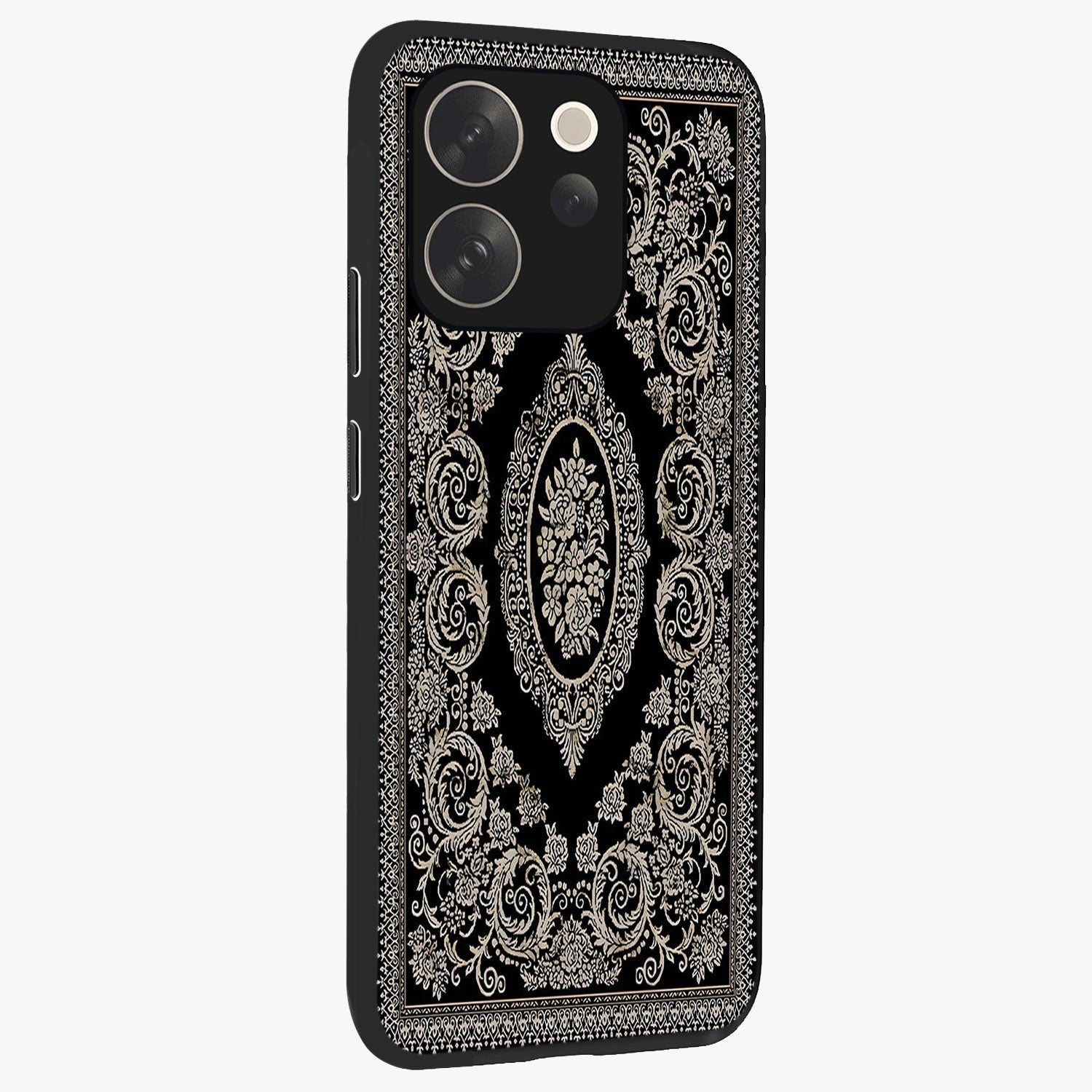 Noir Bloom Elegance Glass Case upright view showcasing graceful floral artwork with luxurious dark theme.