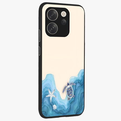 Ocean Drift Turtle Glass Case upright view showcasing calm underwater turtle artwork with nature inspired theme.