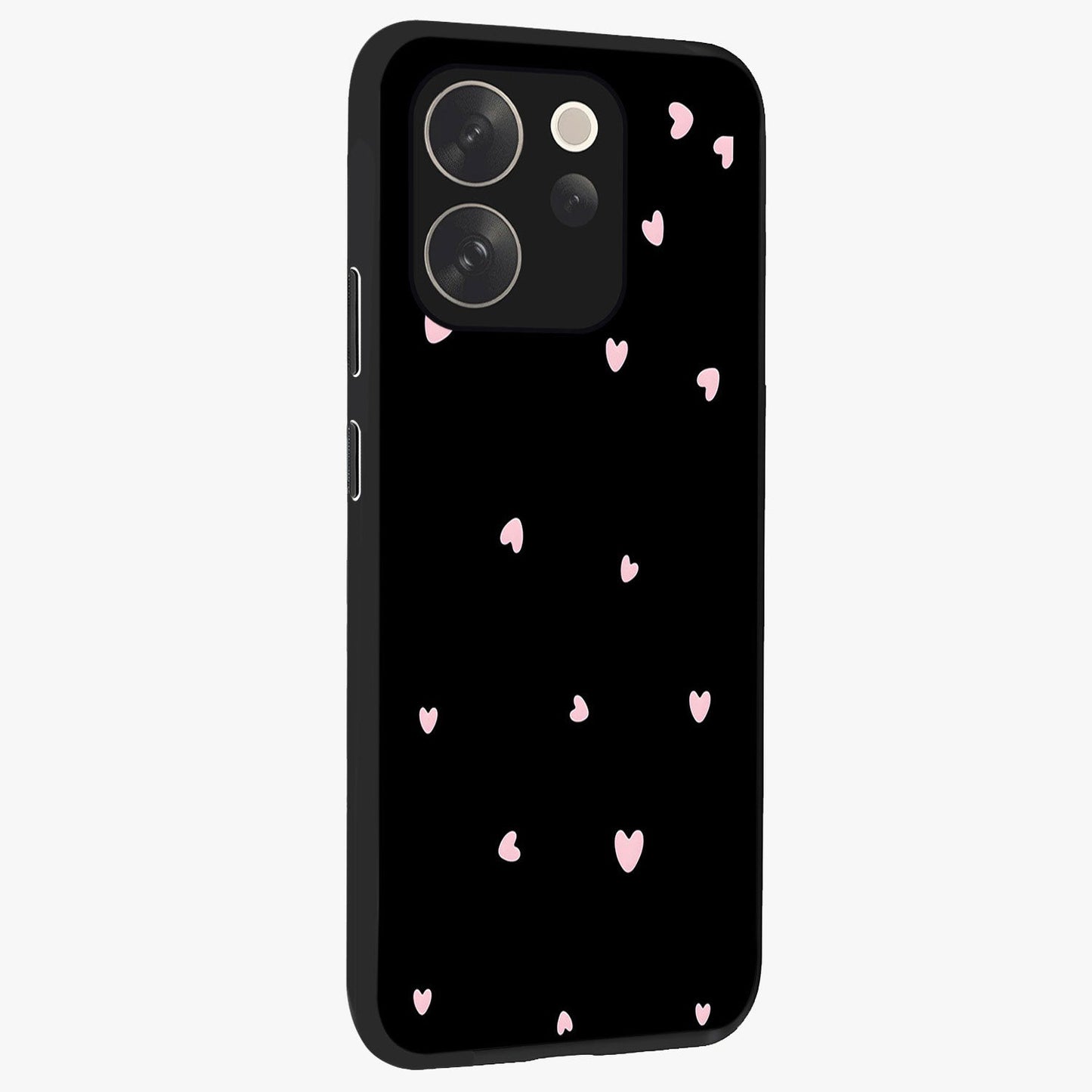 Pink Love Drops Glass Case upright view showcasing charming heart drop artwork with romantic playful theme.