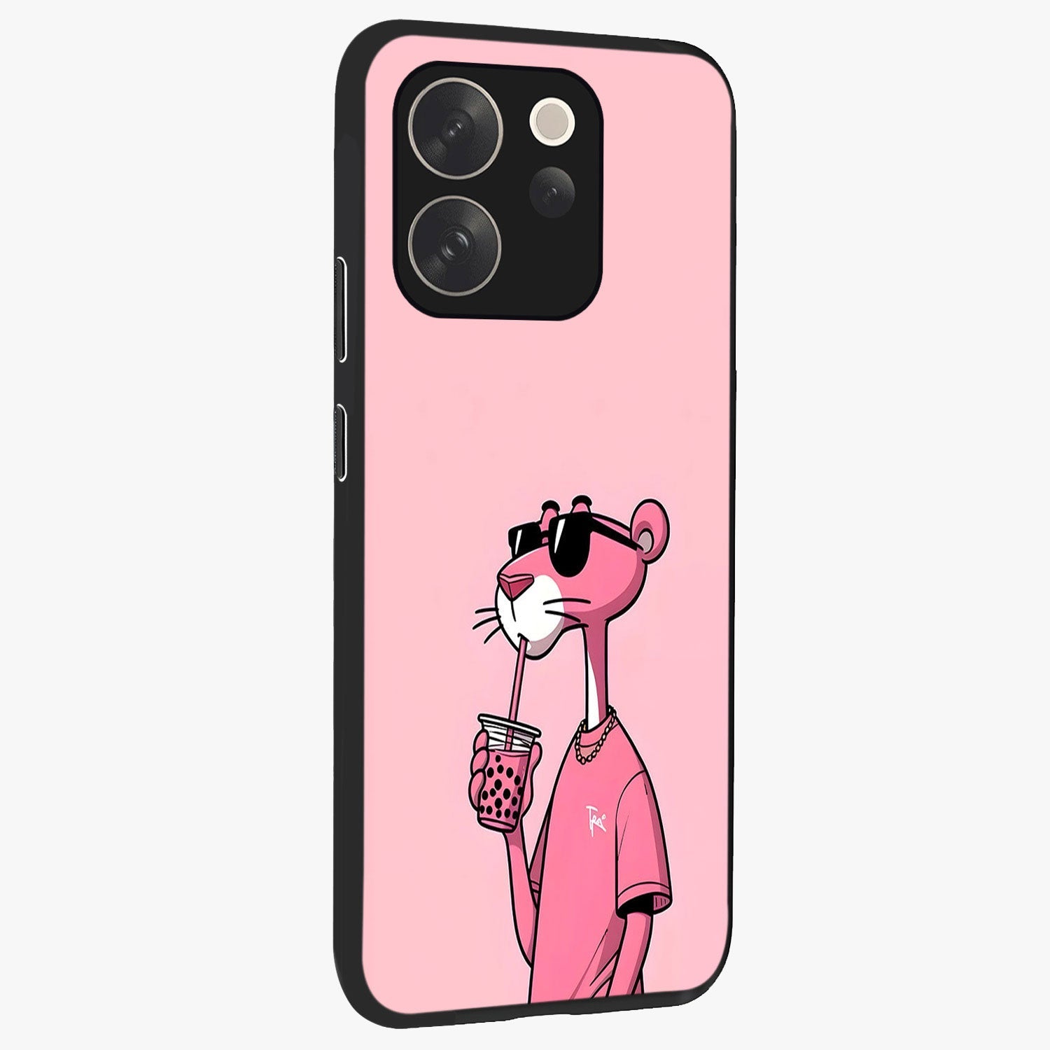 Pink Panther Glass Case upright view showcasing fun animated artwork with stylish retro cartoon theme.