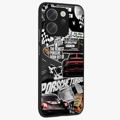 Porsche Racing Collage Glass Case upright view showcasing energetic car collage artwork with high speed racing theme.
