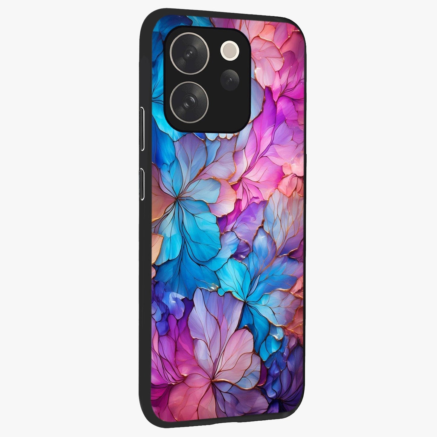 Radiant Floral Whirl Glass Case upright view showcasing lively floral artwork with decorative swirl theme.