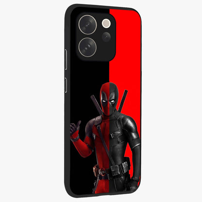 Red & Black Deadpool Theme Glass Case upright view showcasing energetic comic themed artwork with striking red and black design.