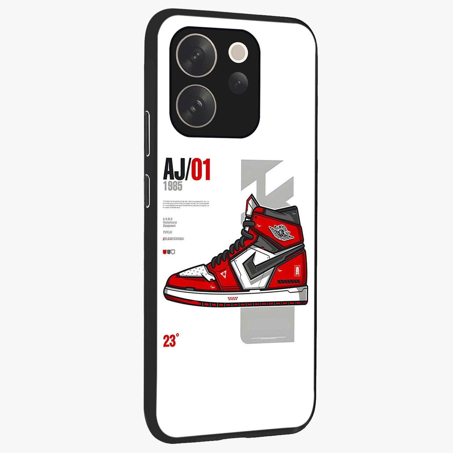 Retro Sneaker Blueprint Glass Case upright view showcasing stylish sneaker illustration with vintage streetwear theme.