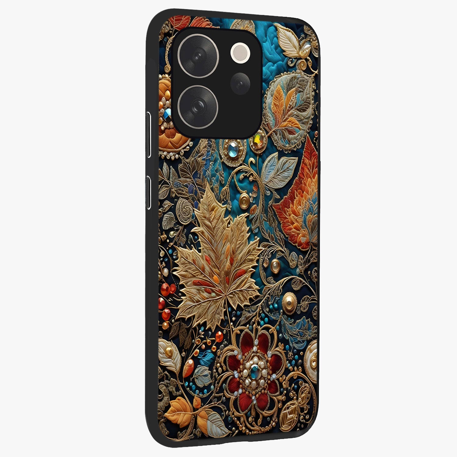 Royal Jewel Garden Glass Case upright view showcasing rich floral artwork with luxurious garden theme.