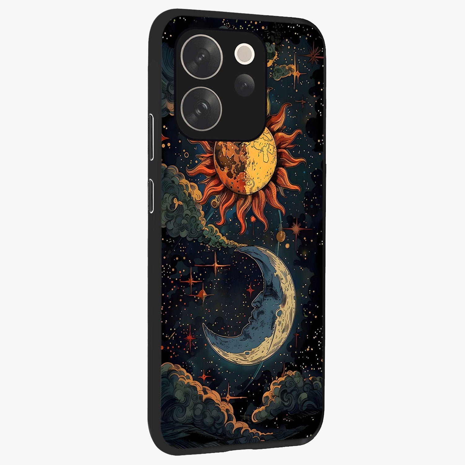 Sun And Moon Magic Design Glass Case upright view showcasing decorative sun and moon artwork with spiritual celestial theme.