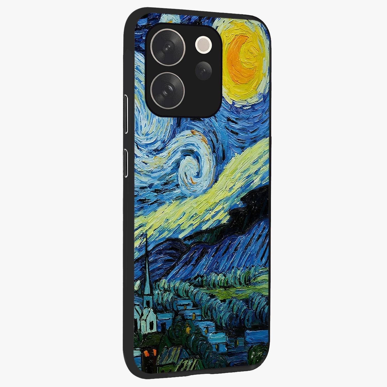 Van Gogh Art Glass Case upright view showcasing expressive painting style artwork with timeless artistic theme.