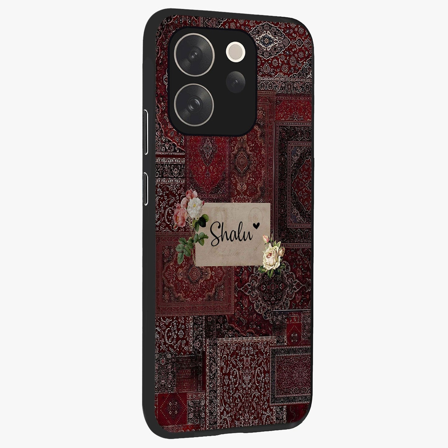 Velvet Wine Pattern Custom Name Glass Case upright view showcasing luxurious wine toned artwork with personalized aesthetic.