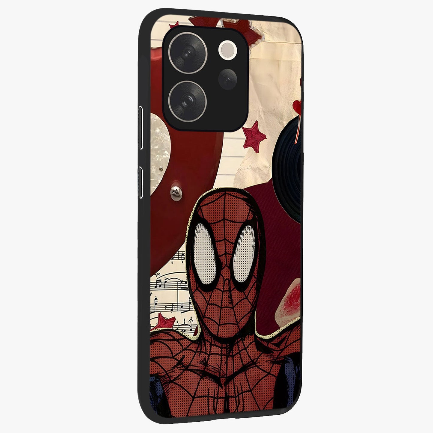 Web Warrior Vibes Glass Case upright view showcasing energetic superhero artwork with bold action theme.
