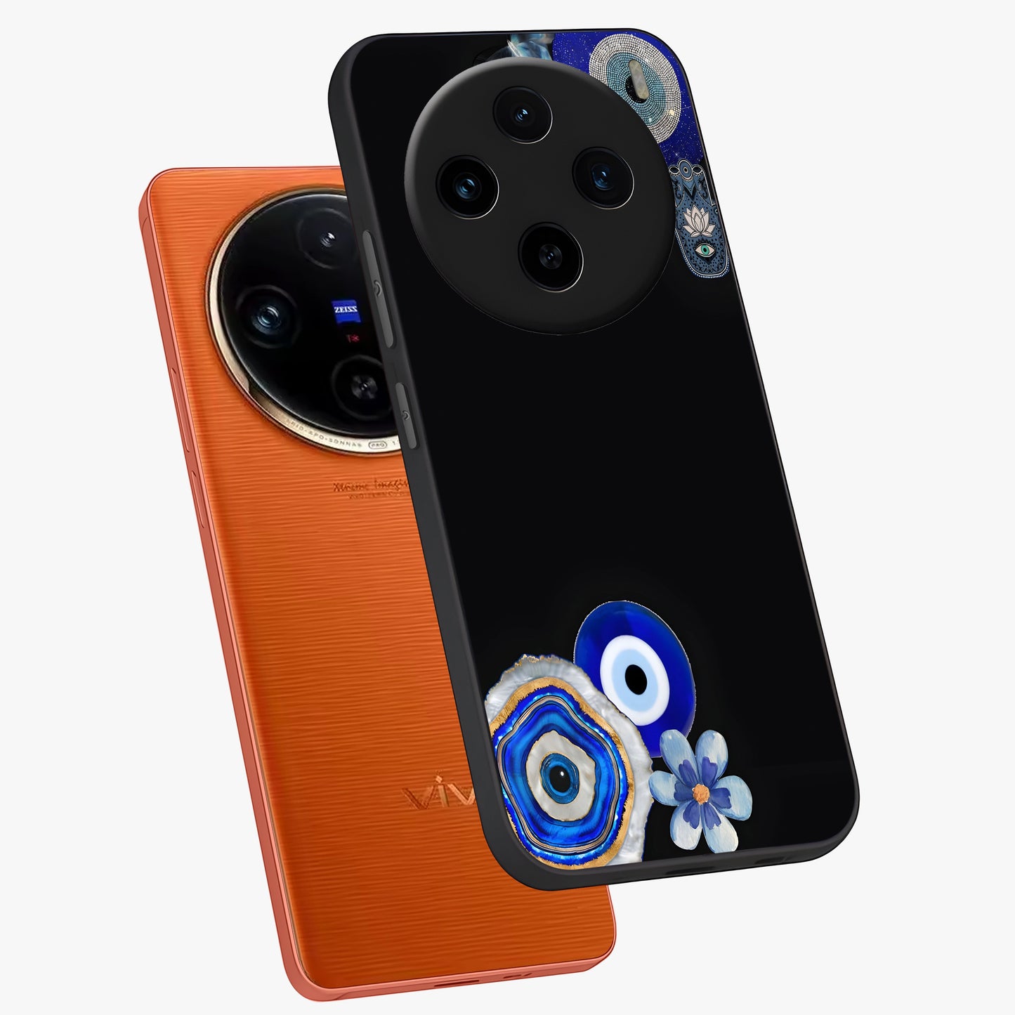 Aesthetic Blue Evil Eye Glass Case displayed in angled mockup highlighting blue evil eye symbol and spiritual aesthetic design.