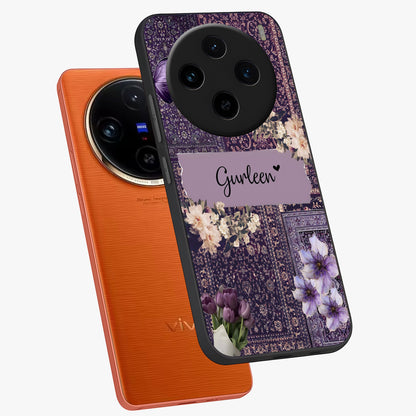 Antique Floral Whisper Custom Name Glass Case displayed in angled mockup highlighting elegant antique floral aesthetic.