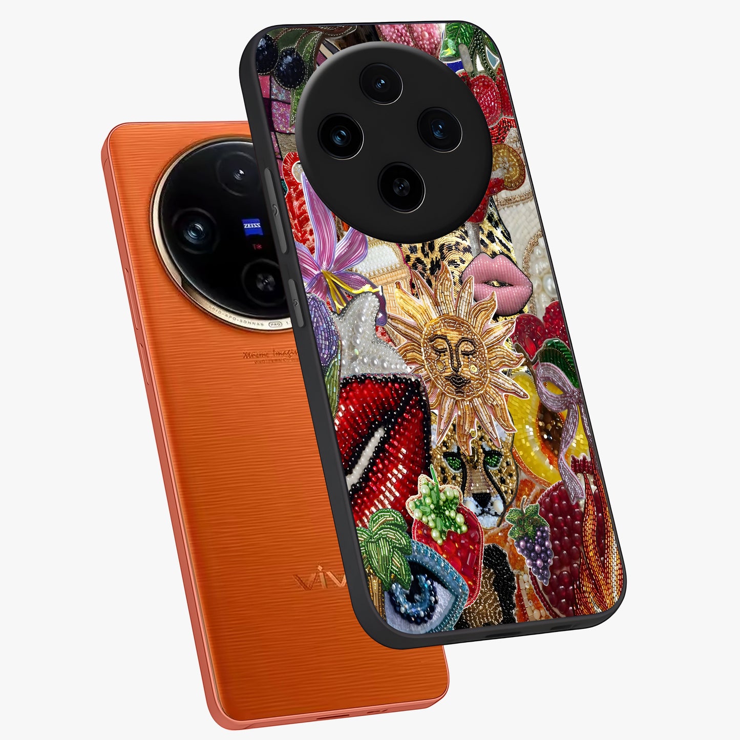 Beaded Fashion Jungle Glass Case displayed in angled mockup highlighting colorful fashion bead design and artistic pattern.