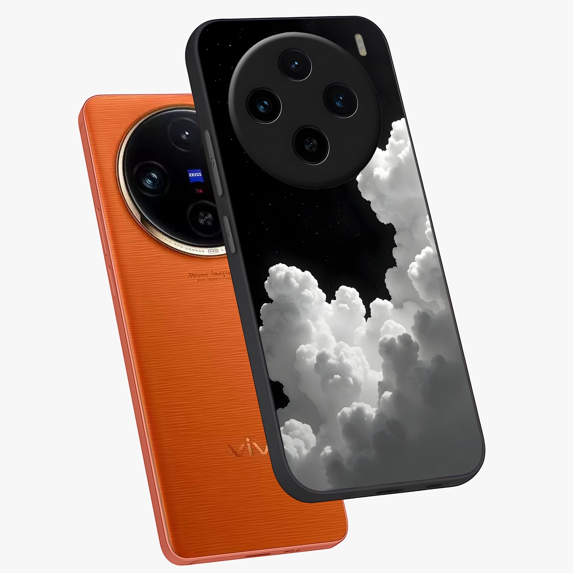 Black Background With White Cloud Glass Case displayed in angled mockup highlighting soft white cloud illustration and minimal design.