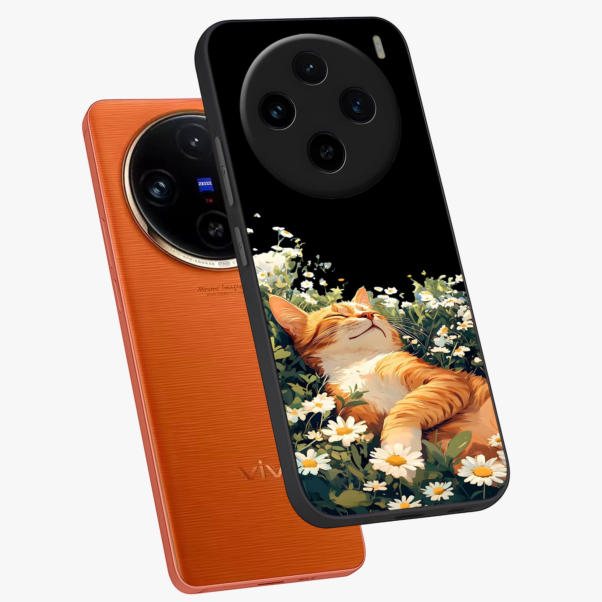 Blissful Bloom Cat Glass Case displayed in angled mockup highlighting playful feline illustration with soft floral aesthetic.