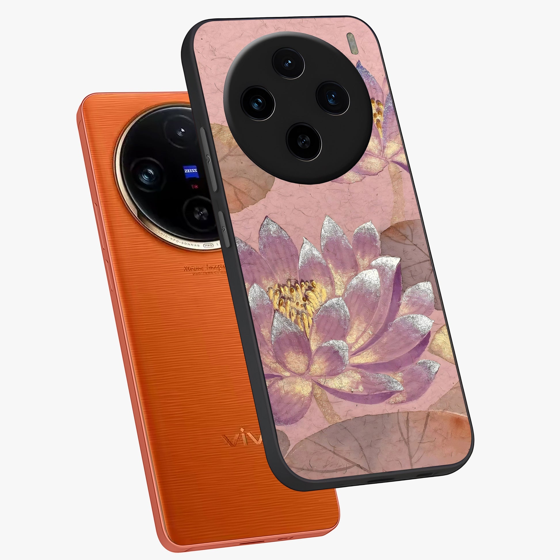 Blossom Mist Lotus Glass Case displayed in angled mockup highlighting delicate lotus illustration with calm aesthetic theme.