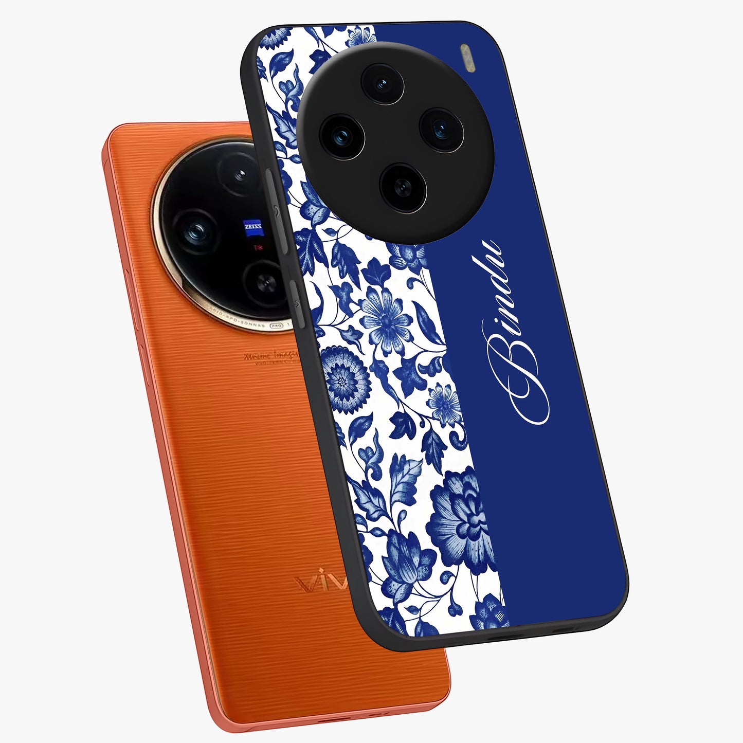 Blue Vintage Floral Pattern Glass Case displayed in angled mockup highlighting subtle bloom pattern with aesthetic pastel design.