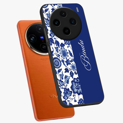 Blue Vintage Floral Pattern Glass Case displayed in angled mockup highlighting subtle bloom pattern with aesthetic pastel design.