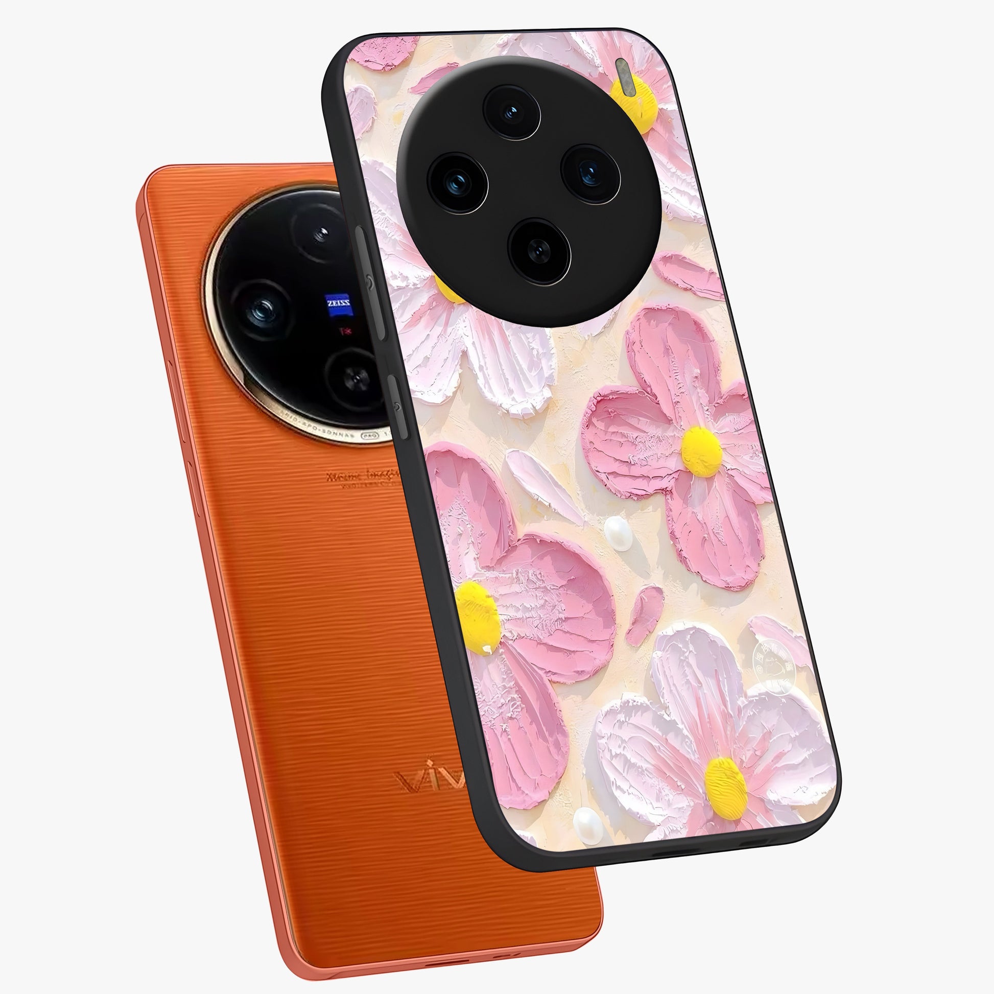 Blush Bloom Texture Glass Case displayed in angled mockup highlighting subtle bloom pattern with aesthetic pastel design.