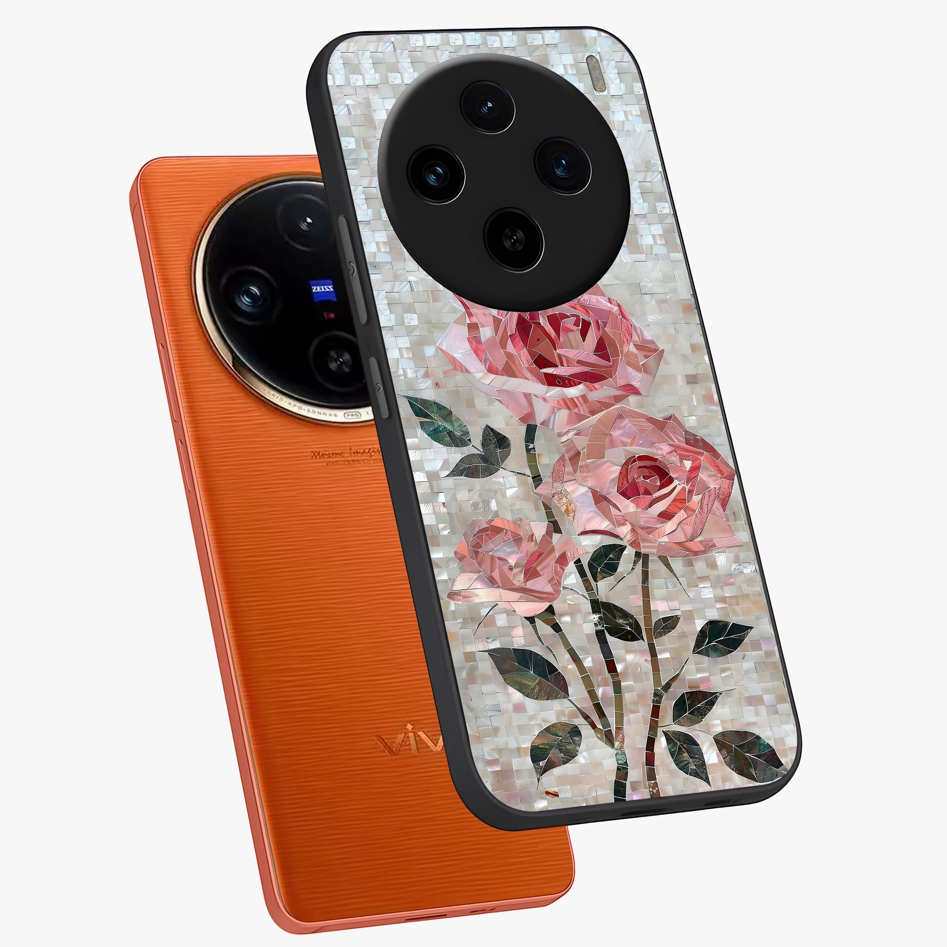 Blush Mosaic Bloom Glass Case displayed in angled mockup highlighting artistic mosaic flower pattern with aesthetic design.