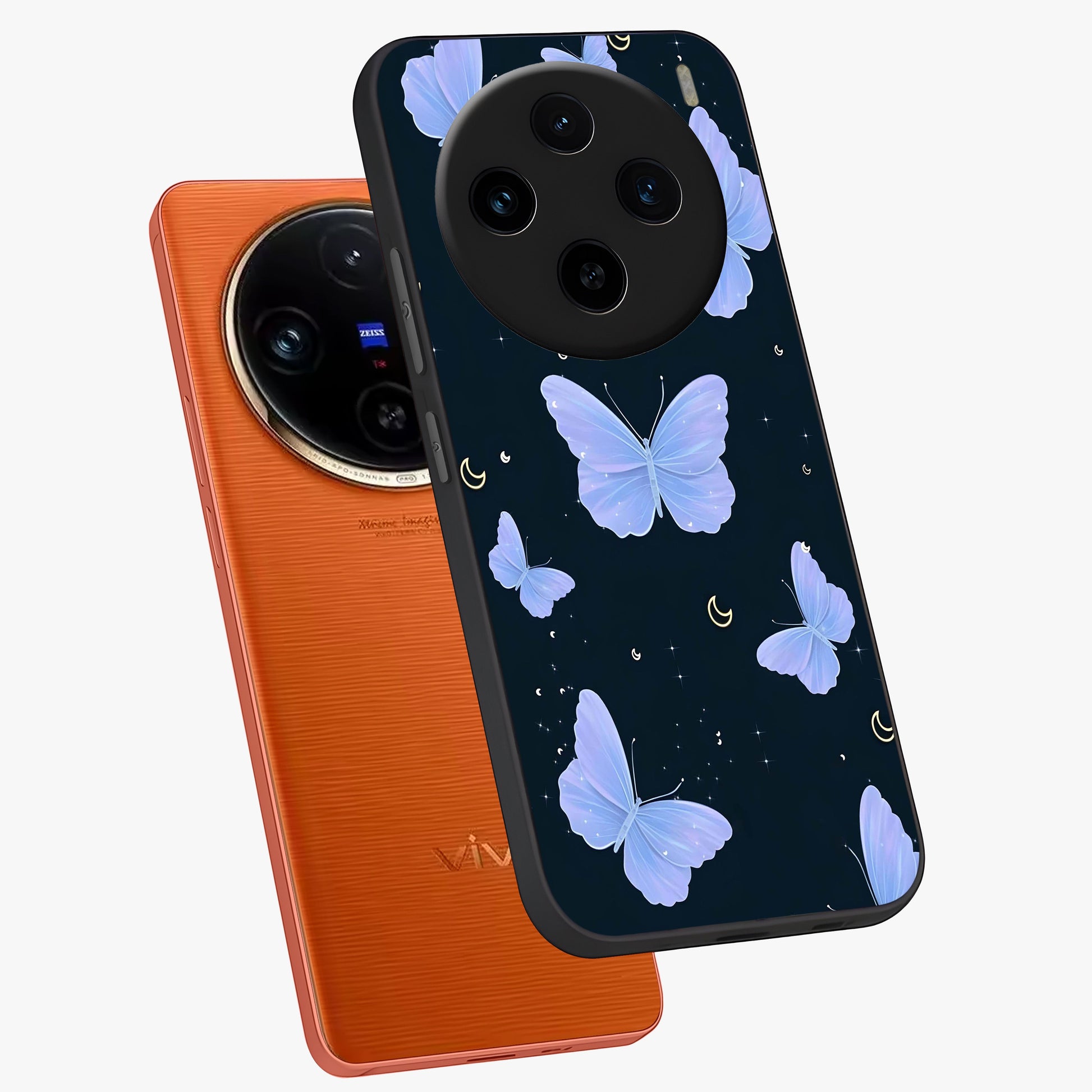 Butterfly With Stars Pattern Glass Case displayed in angled mockup highlighting dreamy butterfly and star design with aesthetic theme.