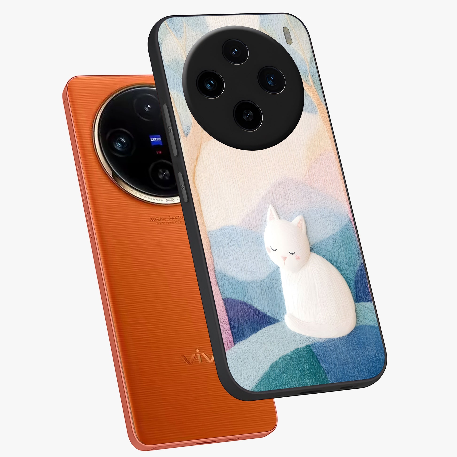 Cotton Dream Cat Glass Case displayed in angled mockup highlighting cute feline illustration with pastel aesthetic style.