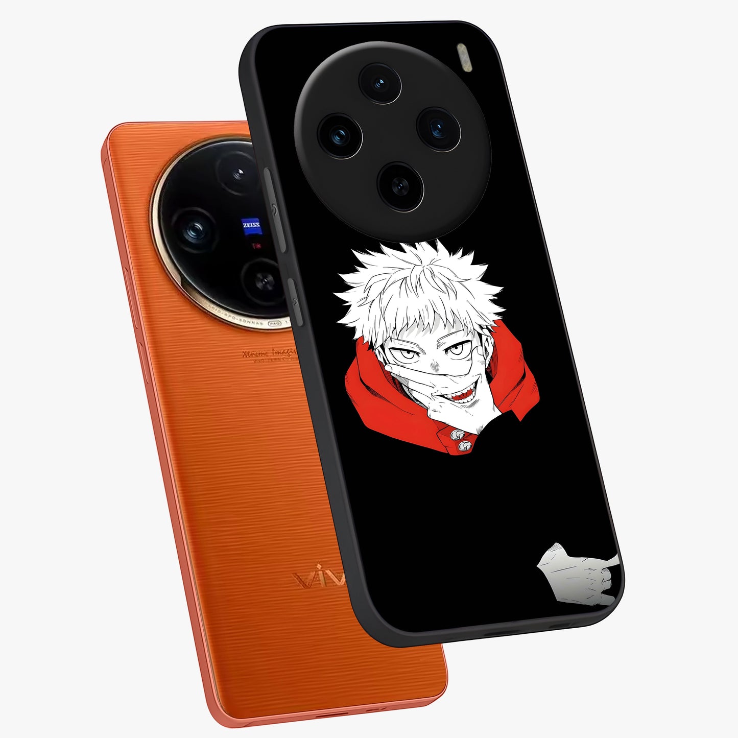 Crimson Chaos Smile Glass Case displayed in angled mockup highlighting edgy crimson smile design with graphic aesthetic.