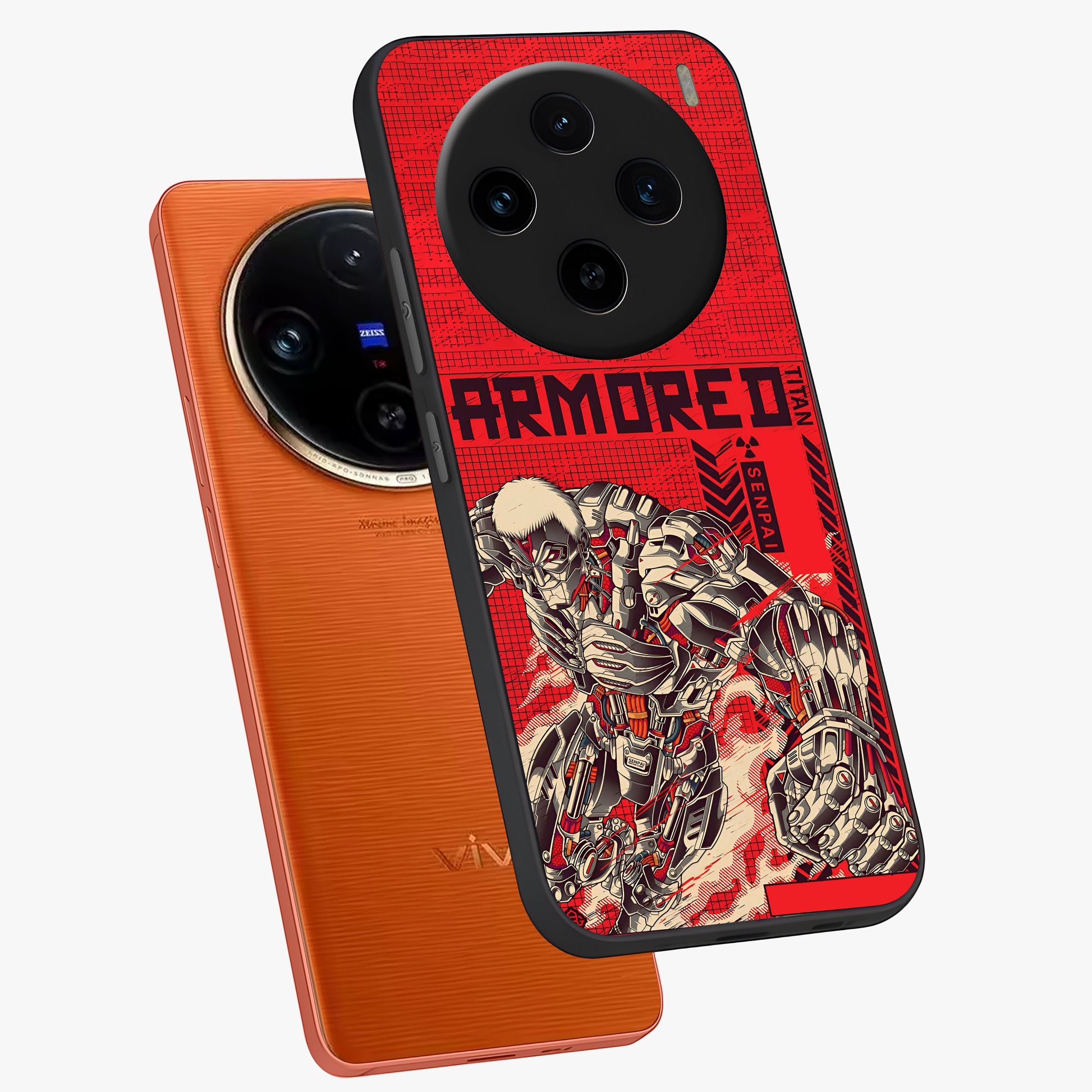 Crimson Mecha Titan Glass Case displayed in angled mockup highlighting futuristic mech illustration with bold crimson aesthetic.