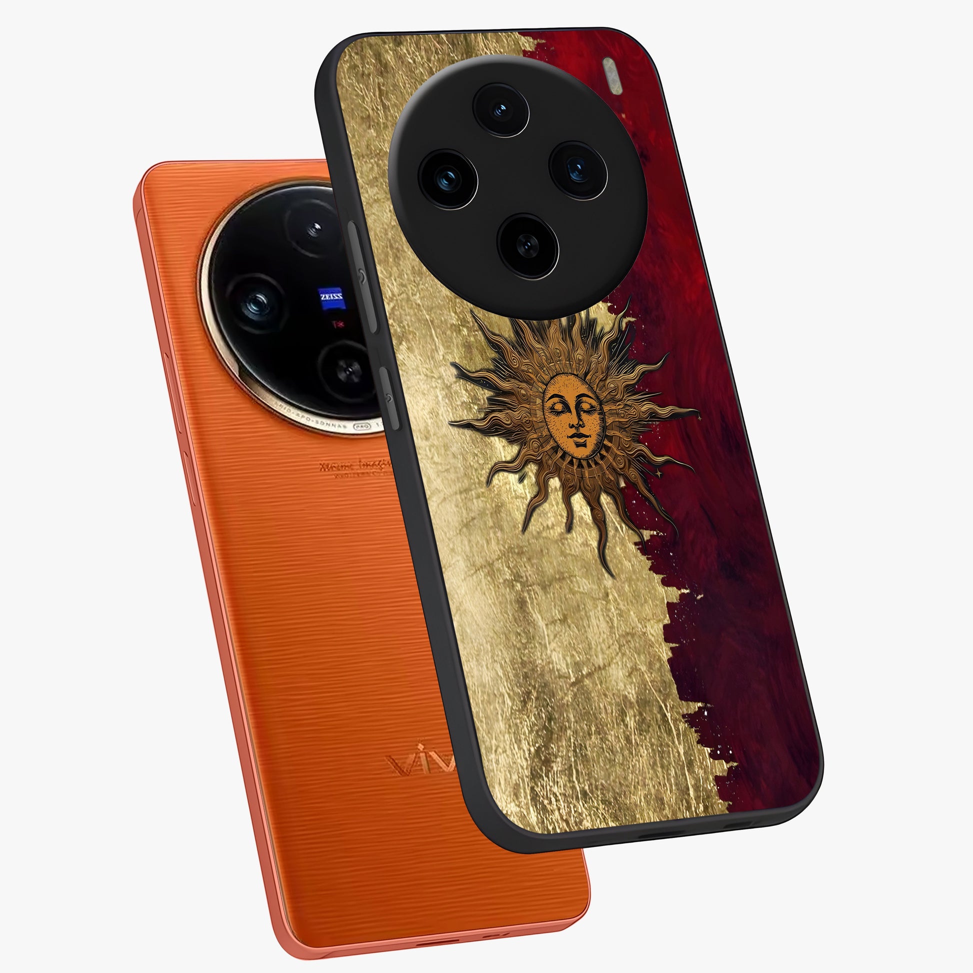 Crimson Sun Majesty Glass Case displayed in angled mockup highlighting majestic crimson sun design with bold aesthetic style.