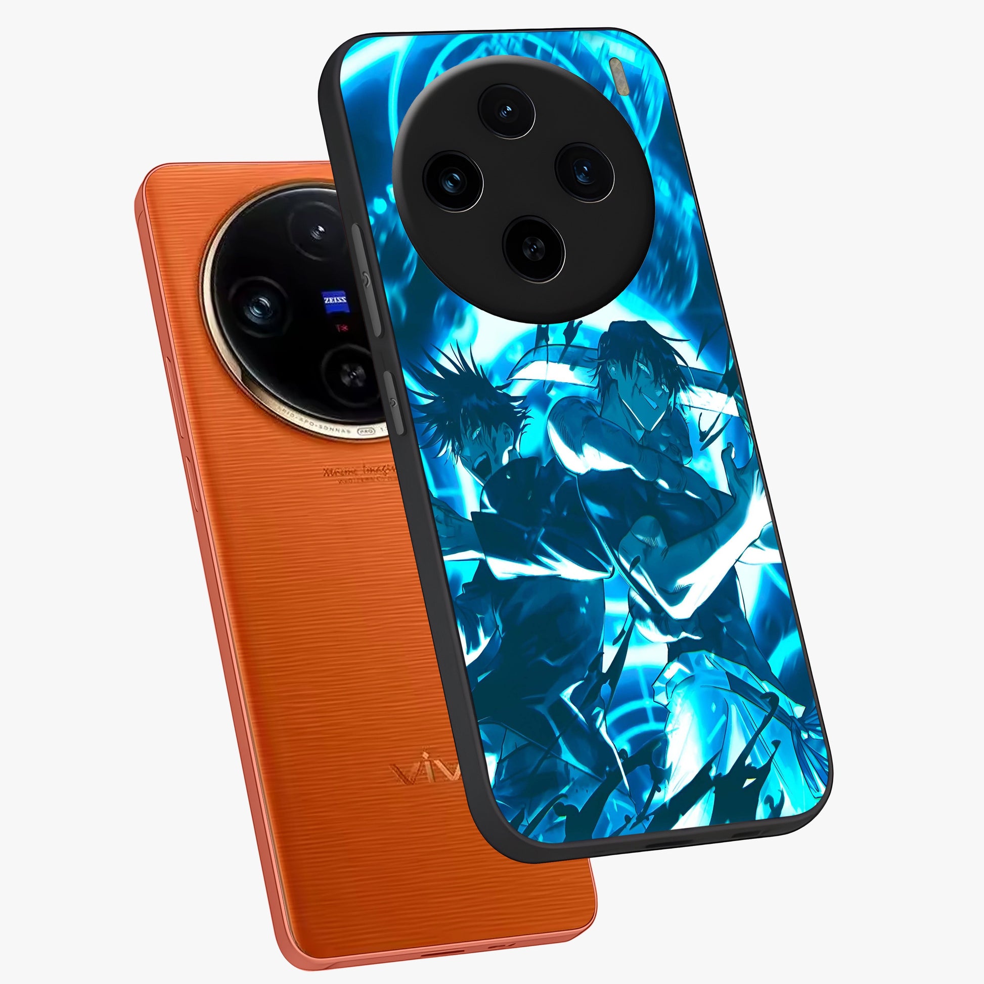 Cursed Energy Clash Glass Case displayed in angled mockup highlighting powerful battle inspired graphic with anime style aesthetic.