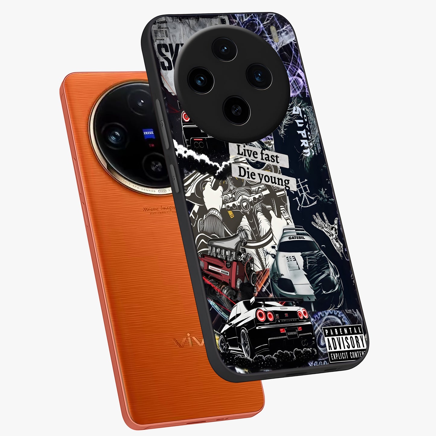 Die Young Glass Case displayed in angled mockup highlighting expressive graphic artwork with edgy aesthetic style.